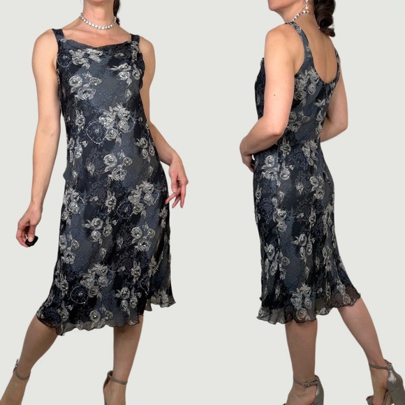 Vintage Y2K fairy Floral print beaded sequin slip‎ dress midi Jonathan Martin M - Picture 3 of 14